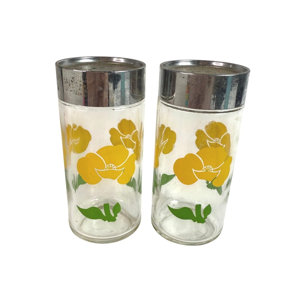 Vintage Anchor Hocking Yellow Floral Glass Salt and Pepper Shakers Chrome Lids